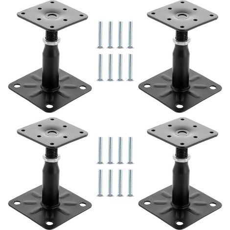 4 x Post Brackets, Height Adjustable, 100 - 150 mm, Galvanised Steel, Black, 75 x 95 mm, Adjustable for Concrete Seal, for Fences, Sheds, Carports, Pergolas (1/5)