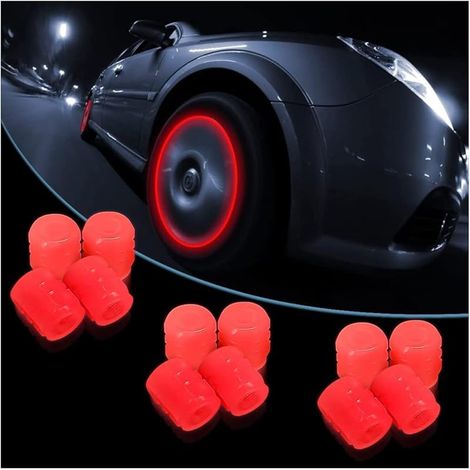 Bouchon Valve Pneu Voiture Fluorescent, 12 Pcs Lumineux Valve Pneu Voiture avec Lumineux Couverture, Accessoire Universel pour Camions, SUV, Motos(Rouge)