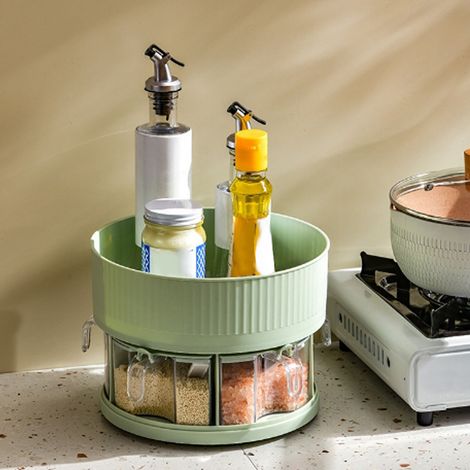 Plateau tournant à épices de cuisine à 2 niveaux en plastique, rotation à 360°, multifonctionnel, pour ranger les épices dans un placard, un garde-manger ou sur un plan de travail (vert). (1/5)
