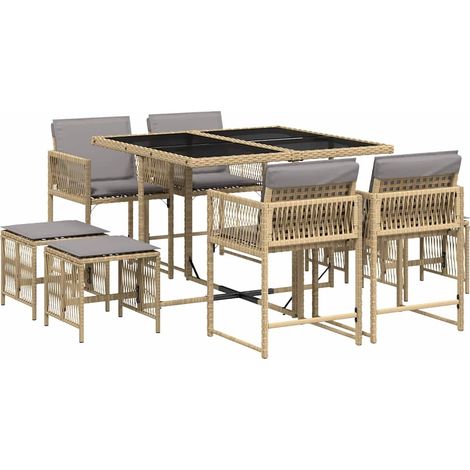9 Piece Garden Dining Set with Cushions Mix Beige Poly Rattan vidaXL (1/5)
