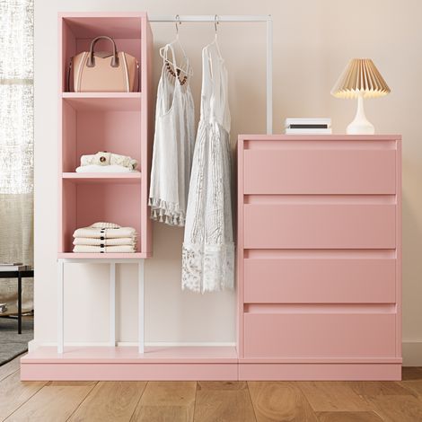 Penderie mixte rose et blanc L140 x P40 x H135 cm avec tringle à vêtements, 4 tiroirs et 3 étagères ouvertes, meuble de rangement structure métallique pour chambre et entrée (1/5)