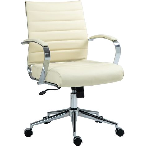 Chaise de bureau design ergonomique en cuir véritable crème et métal chromé 100002564