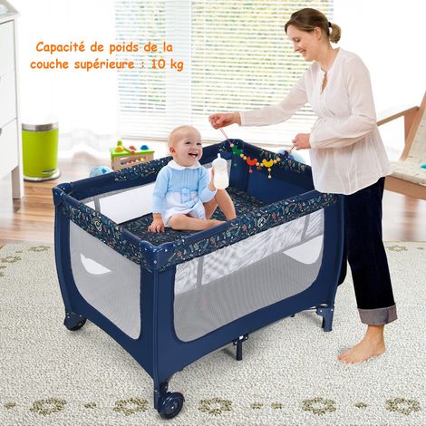 Lit parapluie bébé bleu avec matelas, roulettes et maille respirante, pliable avec sac de transport pour maison et voyage (1/5)