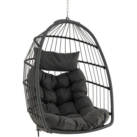 Silla colgante tipo huevo, plegable, de ratán sintético con cojín, color gris