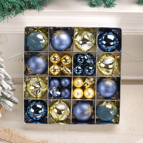 Set Weihnachtskugeln (6 cm) – blau und goldplattiert – hängende Kunststoffkugeln mit aufgemalten Motiven (in Geschenkbox) (1/4)