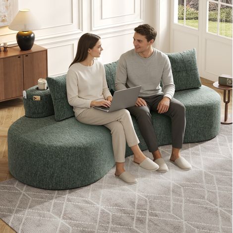 Sofá de lino verde 240 cm con portavasos y bolsillos laterales (1/5)