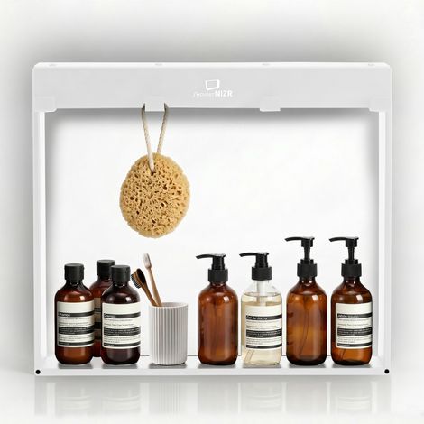 ShowerNIZR® Estante de ducha Arctic White - Estante de ducha sin taladro para colgar en mampara de vidrio de acero inoxidable con 4 ganchos
