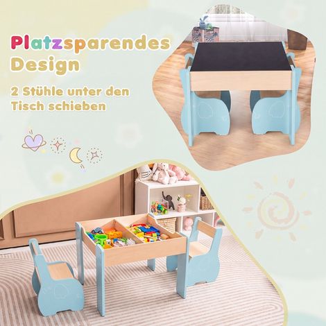 4 in 1 3-piece children's seating set made of wood with removable chalkboard & storage space, blue (1/5)