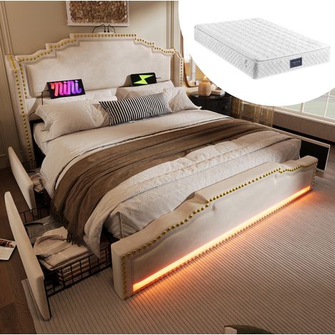 Bett mit Schubladen, LED und USB-C 140x200 Samt OKMYHOME (1/5)