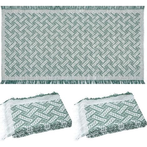 Lot de 2 grandes couvertures de pique-nique bohèmes 90 x 180 cm. Tissu coton avec pompons, lavables, anti-sable et portables. Pour camping, voyage et pelouse. Décoration bohème verte. (1/5)