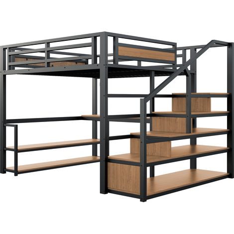 Metall-Hochbett 140 x 200 cm schwarz mit Aufbewahrungstreppe, Regalen und Schreibtisch MODENUIT (1/5)