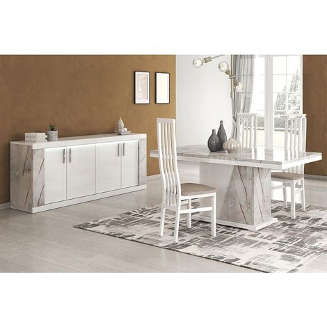 Altobuy – Ensemble séjour table repas et buffet 4 portes – Éclairage LED intégré – Décor marbre brillant – Dimensions table 160x90xH77,5 cm