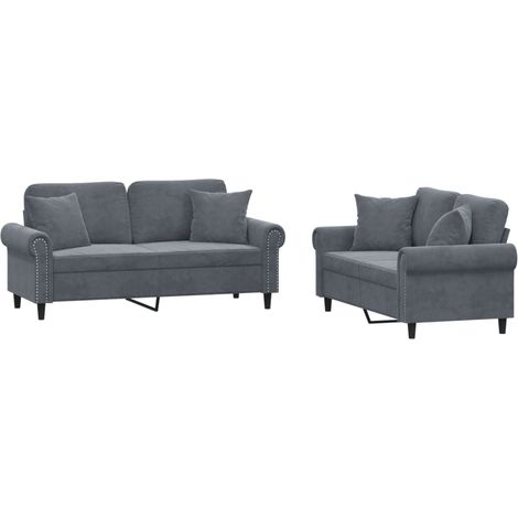 Ensemble de Canapé  Sofas 2 pcs avec coussins gris foncé velours