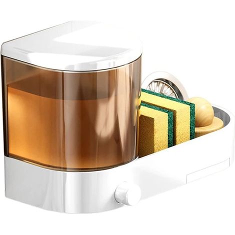 Distributeur de savon mural (blanc) avec porte-éponge, bac d'égouttage, pression manuelle et réservoir de liquide vaisselle étanche. (1/5)