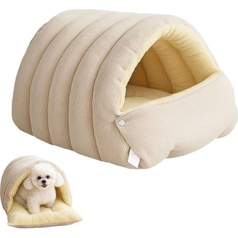 Niche pour chat semi-fermée blanc cassé, coussin épais lavable toutes saisons, panier douillet pour chat et petit animal (1/5)