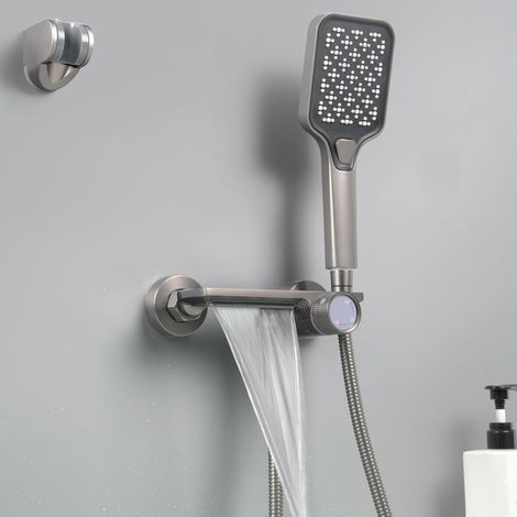 Robinet de Baignoire Cascade, Mitigeur Baignoire avec Douchette, Mitigeur Bain Douche Mural, Laiton, Gris (1/5)