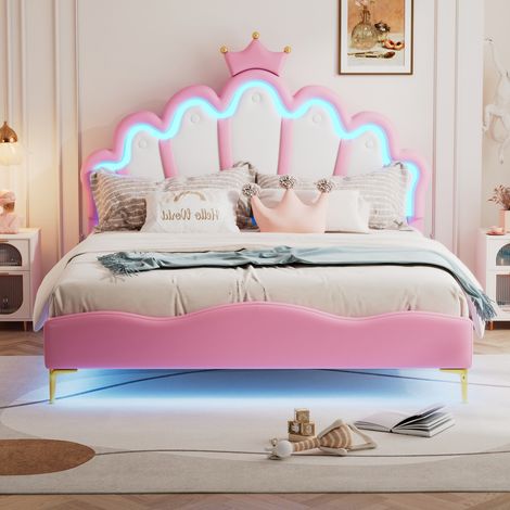Lit simple capitonné 140x200cm, avec sommier à lattes et tête de lit couronne de princesse, lit princesse, lit fille - Rose