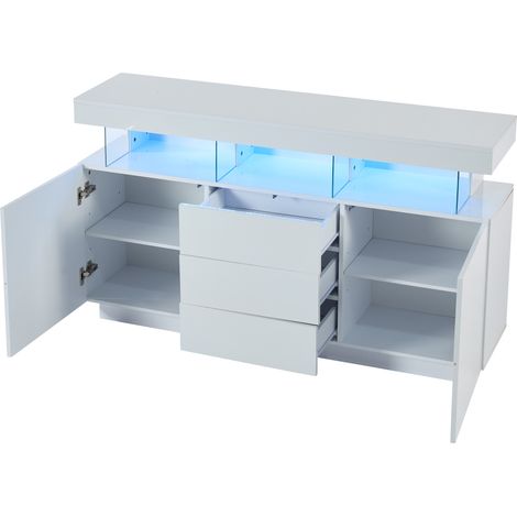 Aparador con 3 Cajones, 2 Puertas Correderas y LED, en Tablero de Partículas y Acrílico, 140 × 35 × 80 cm, Blanco (1/5)