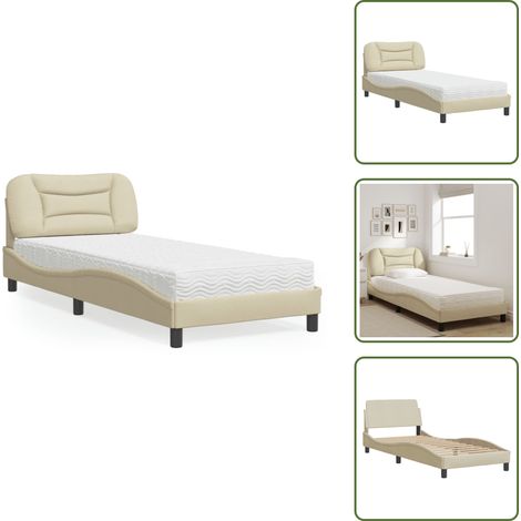The Living Store Lit avec matelas Hvar crème 90x200 cm tissu - Matelas en mousse (1/5)