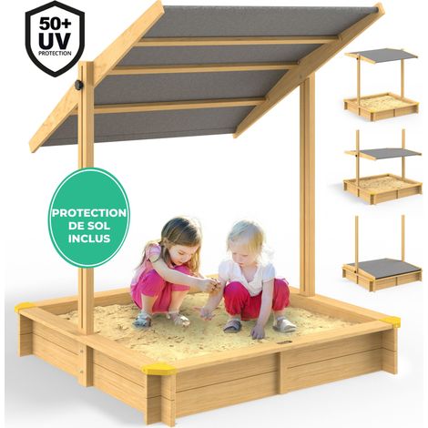 Bac à sable en bois d'épicéa 120x120x120 cm – Toit réglable protection UV – Tapis de sol inclus – Montage facile – Spielwerk