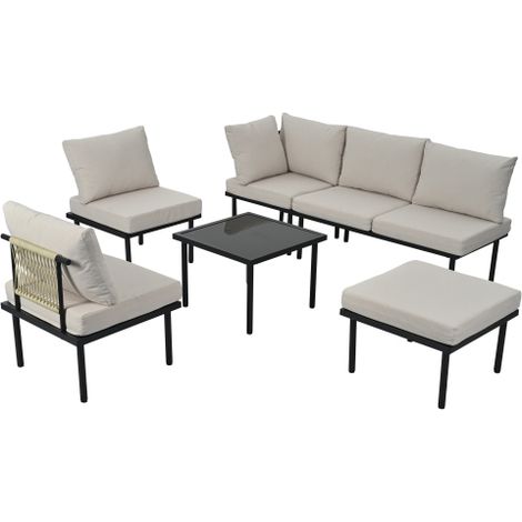 Salon de jardin bas salon lounge de jardin 6 places canape et fauteuils en corde tressee pieds reglables table verre avec coussins beige (1/5)