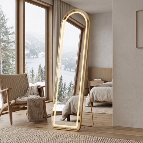 Miroir sur Pied LED 150x40 cm, Arche Doré Tactile 3 Couleurs Verre, Miroir LED sur pied, Incassable Mural Cabine d'Essayage Chambre (1/5)
