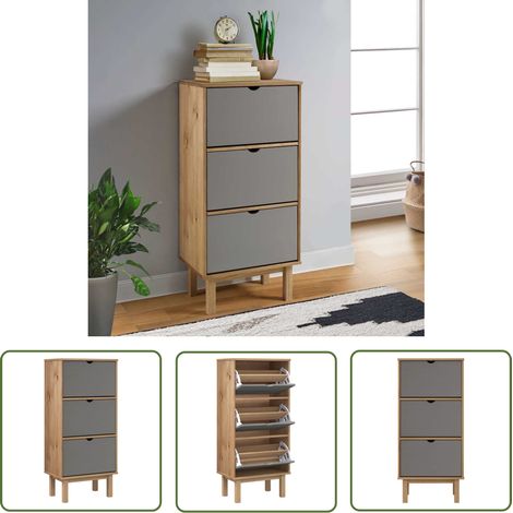 The Living Store Schuhschrank OTTA mit 3 Schubladen Braun&Grau Massivholz Kiefer - Holz Schrank - Schuhschrank - Garderobe - Einbauschrank - Kiefernholzmöbel (1/5)