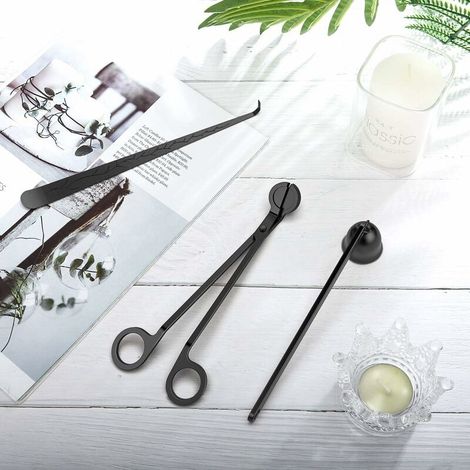 Kit 3 Set dundefinedCandle Accessories, Stainless Steel Tool Kit with Candle Snuffer, Wick Cutter and Hook, Stylish Gift for Candle Lovers, 3 pieces - Black (1/5)