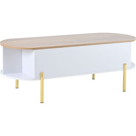 Table basse relevable 120x50x43 cm avec rangement dissimulé, plateau bois naturel et structure blanche (1/5)