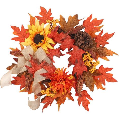 Couronne Murale - Couronne en Lin avec Tournesol et Feuille d'Érable - Décoration pour Halloween et Thanksgiving - 1 Pièce (1/5)