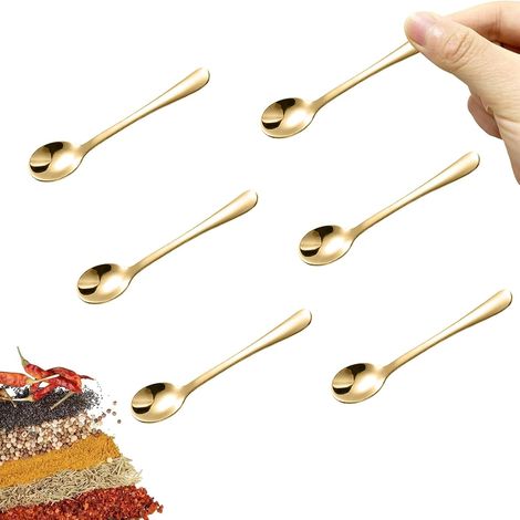 6 petites cuillères en acier inoxydable pour pots à épices, taille mini, adorables petites cuillères à épices en inox pour épices, sel, sucre, petites pelles amusantes, doré (1/5)