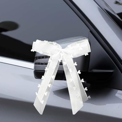 10 Pièces Noeud Voiture Mariage Decoration Voiture Mariage Noeud Blanc Mariage avec cœurs 26x16cm Noeuds d'antenne Faits Main Ruban Satin Facile à Attacher pour Deco Voiture, Mariages, Fête, Noël (1/4)