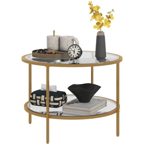 Table d'appoint moderne design 2 niveaux Ø60 cm couleur dorée meuble élégant pour salon et décoration intérieure (1/5)