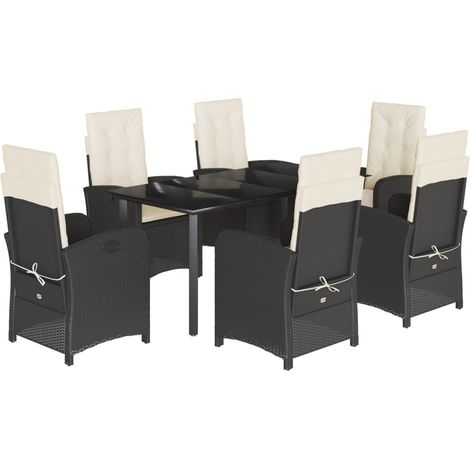 7-tlg. Garten-Essgruppe mit Kissen Schwarz Poly Rattan