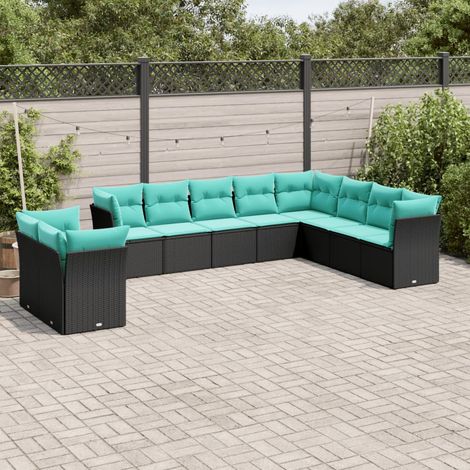 10-teiliges Gartensofa-Set mit Kissen, schwarzes Polyrattan (1/5)