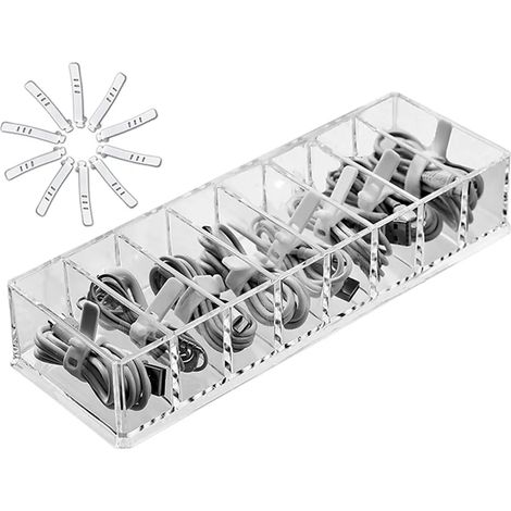 Cajón organizador de cables de plástico transparente con compartimentos ajustables y 10 amarres de cables, gran caja de gestión de cables electrónicos, accesorio de escritorio de oficina, caja de alma (1/5)