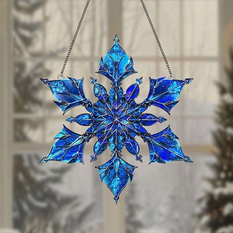 Guirlande Cristal Flocon De Neige - Décor Accroche Porte Fenêtre Arbre De Noël - Ornement Acrylique Facetté Bleu - Lot De 1 (1/5)