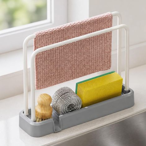 Organiseur d'évier de cuisine – Égouttoir d'évier avec bac d'égouttement, support multifonction pour éponge et brosse à vaisselle, porte-serviettes, gain de place pour rebord de fenêtre, coin de (1/5)