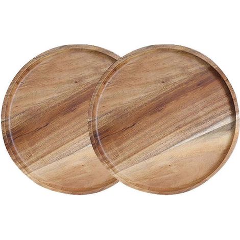 Lot de 2 assiettes plates rondes en bois d'acacia, faciles à nettoyer et légères, idéales pour les plats, les en-cas et les desserts - 25 cm (1/5)