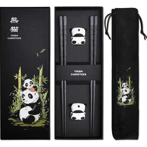 Ensemble de Baguettes en Fibre Réutilisables Avec Support - Coffret Cadeau Chinois, Alliage Lavable au Lave-Vaisselle + Repose-Baguettes Panda Mignon en Céramique (2 Paires) (1/5)
