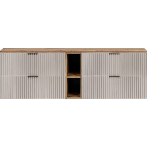 Furnidea - Meuble sous vasque FLOW CACHEMIRE 180 cm avec l'étagère - extension et plan chêne - 4 tiroirs - façades rainurées (1/5)