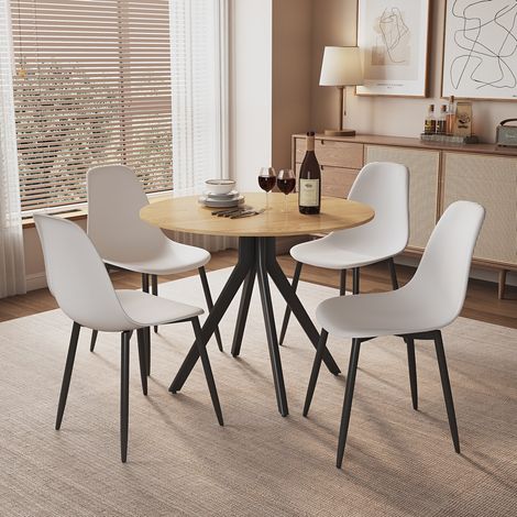 Aspen Light Oak Round Table & 4 White Curve Chair Set - MDF/Metal/Plastic - L52 x W46 x H84 cm