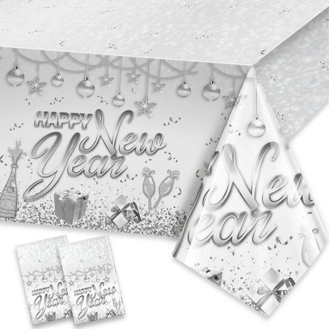 2er-Set Silvester Tischdecke 2026, Einweg-Kunststoff, wasserdicht, 274x130cm, Silber