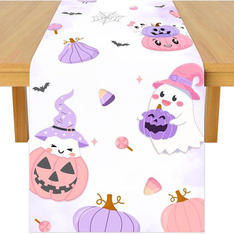 CCYKXAChemin de table d'Halloween fantôme 35x180cm rose violet Halloween rustique Chemin de table Halloween Décorations de table pour intérieur ou extérieu