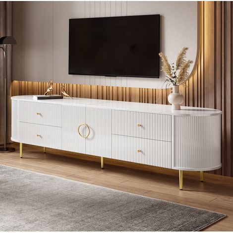 Mobile TV basso in MDF 180 cm bianco con onde 3D, cassetti, ante e gambe in ferro (1/5)