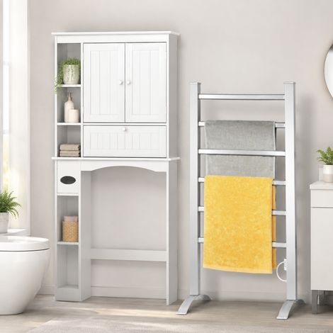 Ensemble de salle de bains chauffe 2 pieces meuble de rangement a poser au dessus des toilettes avec etageres et seche serviettes electrique a 6 barres 227542896 (1/5)