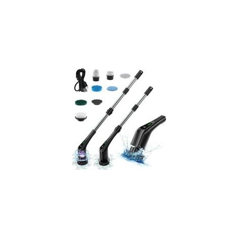 Brosse De Nettoyage éLectrique Rotative sans Fil avec 7 TêTes De Brosse Interchangeables, Manche RéGlable avec Affichage, pour Salle De Bain, Carrelage, Sols (Noir) (1/5)