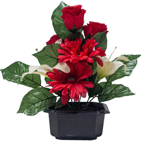 Vasque Carrée de Gerberas fleurs artificielles pour le cimetière H 28 cm Lg 25 cm Rouge-orange - couleur: Rouge-orange