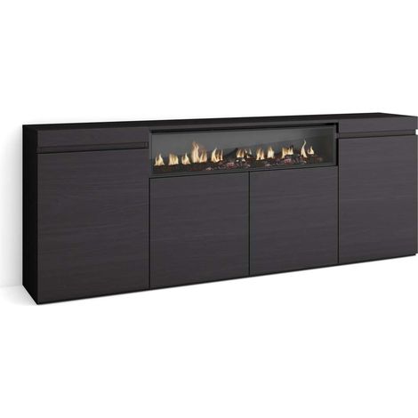 Aparador Benamocarra-01 de 200x75x35 cm con 4 puertas, chimenea eléctrica, color negro