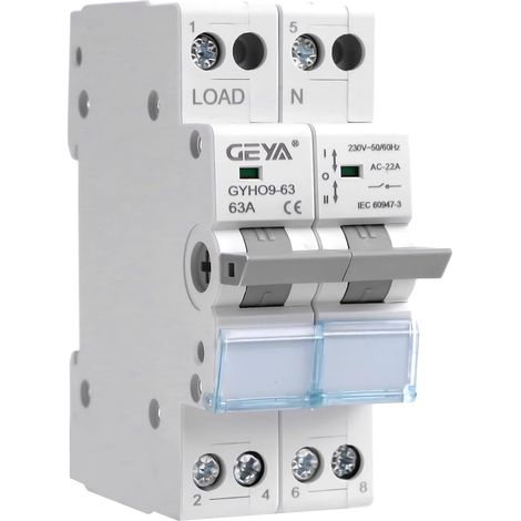 Commutateur de transfert manuel Commutateur d'isolation à double alimentation avec indicateur Montage sur rail DIN(2P-63A-230V) (1/5)